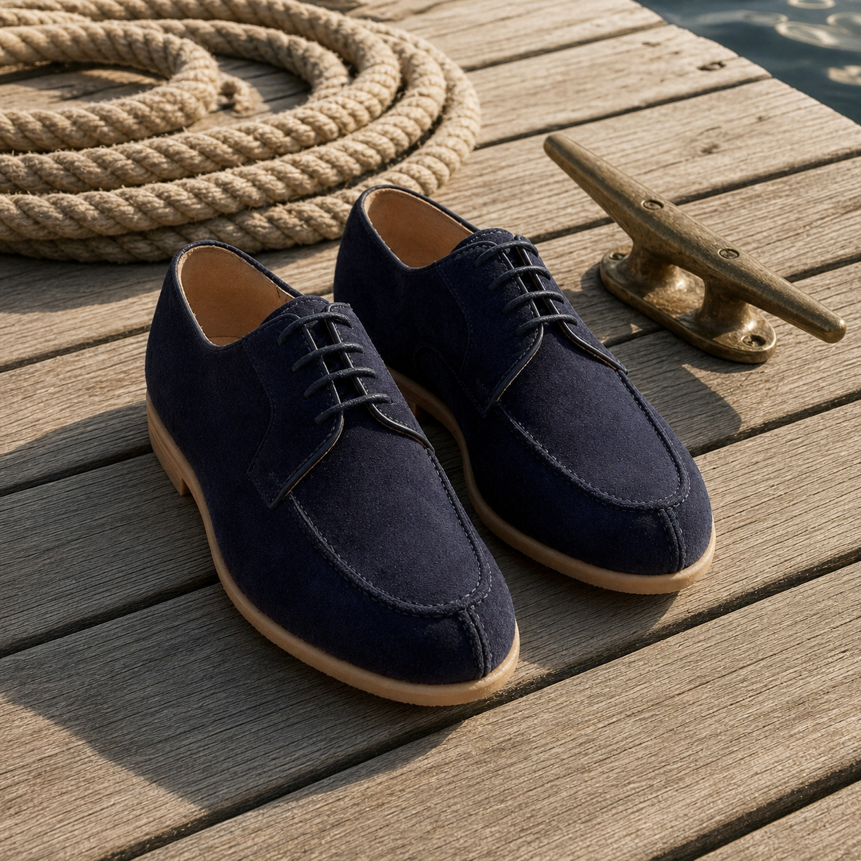 Chaussures en daim bleu sur ponton en bois