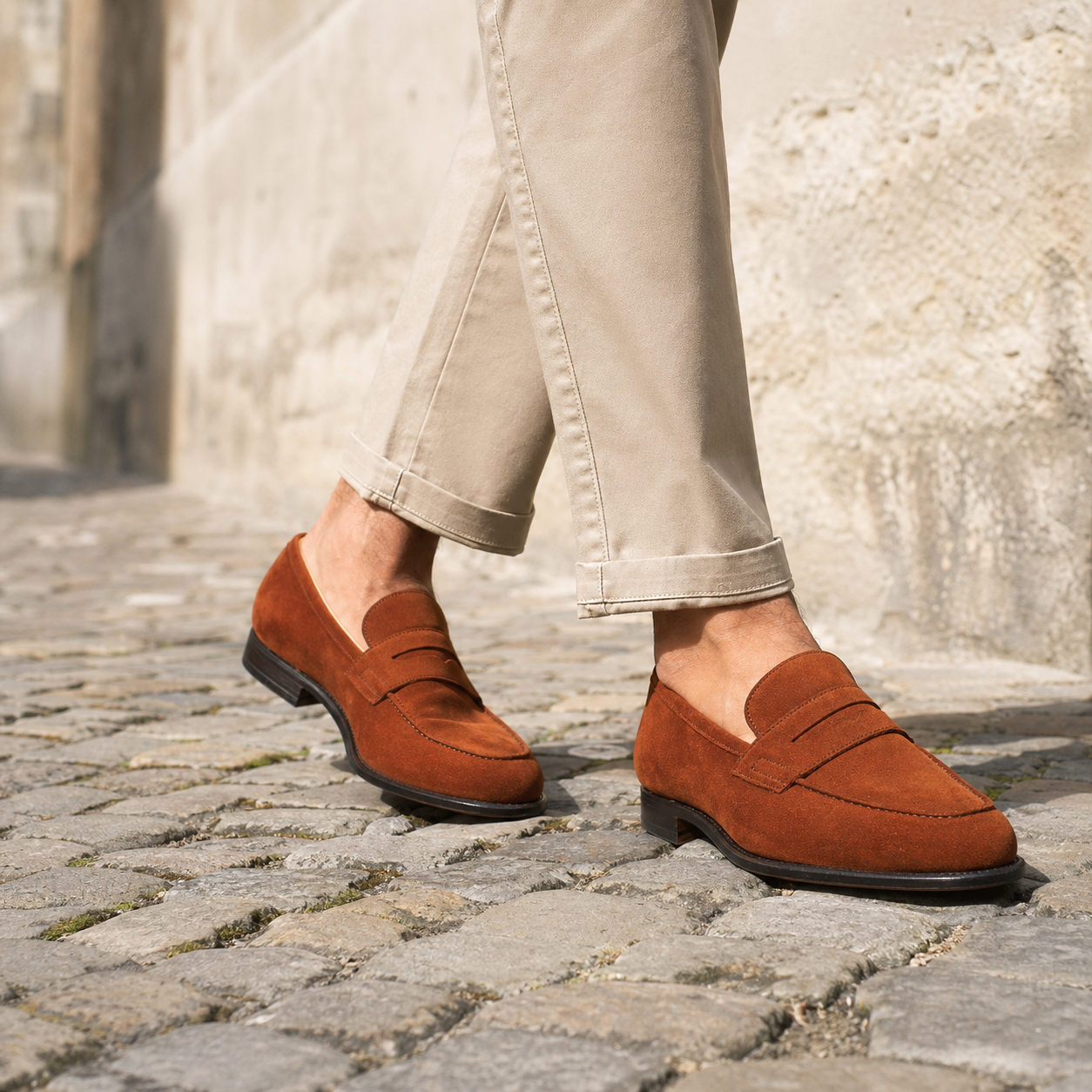 Mocassins en daim marron sur pavés