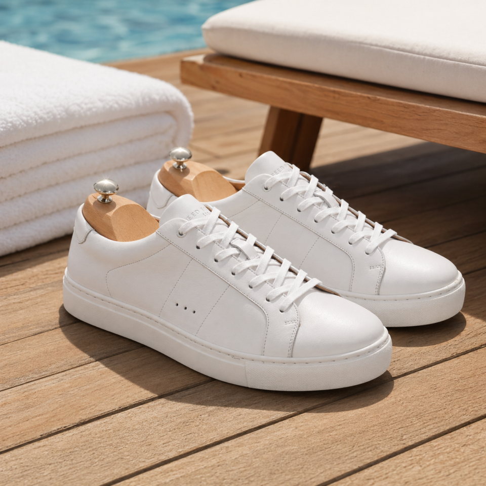 Baskets blanches en cuir sur terrasse en bois