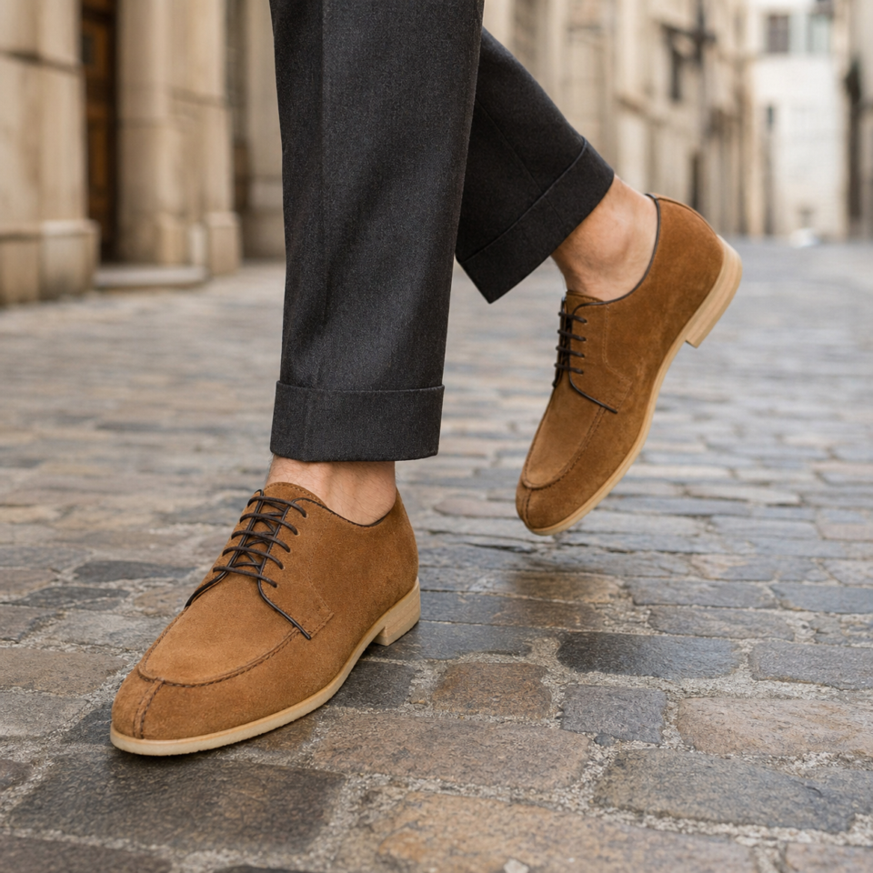 Chaussures en daim marron sur pavés urbains
