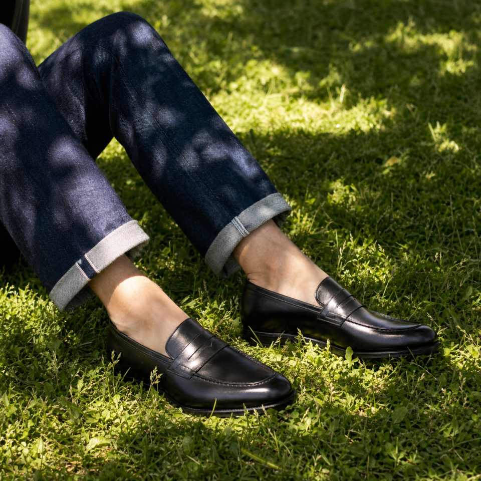 Mocassins noirs portés avec jean retroussé sur herbe