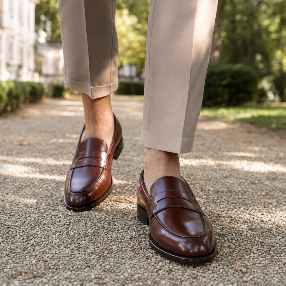 Mocassins marron en cuir sur chemin gravillonné