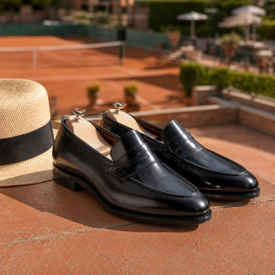 Mocassins noirs et chapeau sur court de tennis