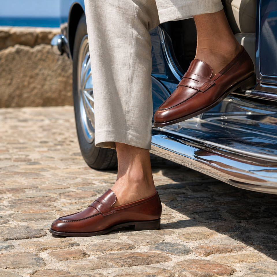 Mocassins marron sortant d’une voiture vintage