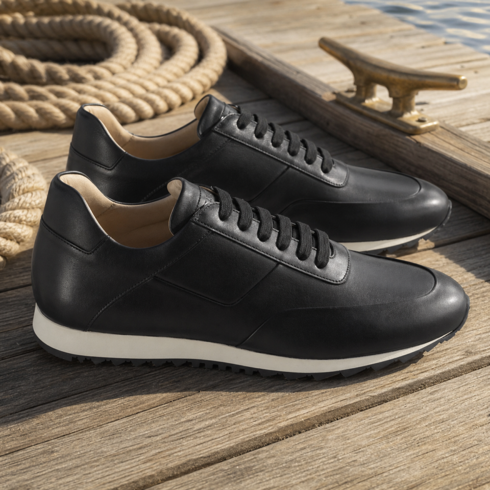 Baskets noires en cuir sur ponton en bois
