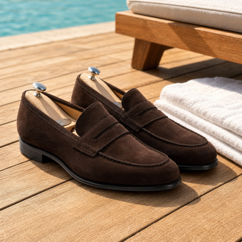 Mocassins marron en daim sur terrasse bois