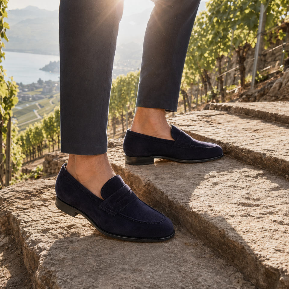 Mocassins bleu marine sur marches en pierre