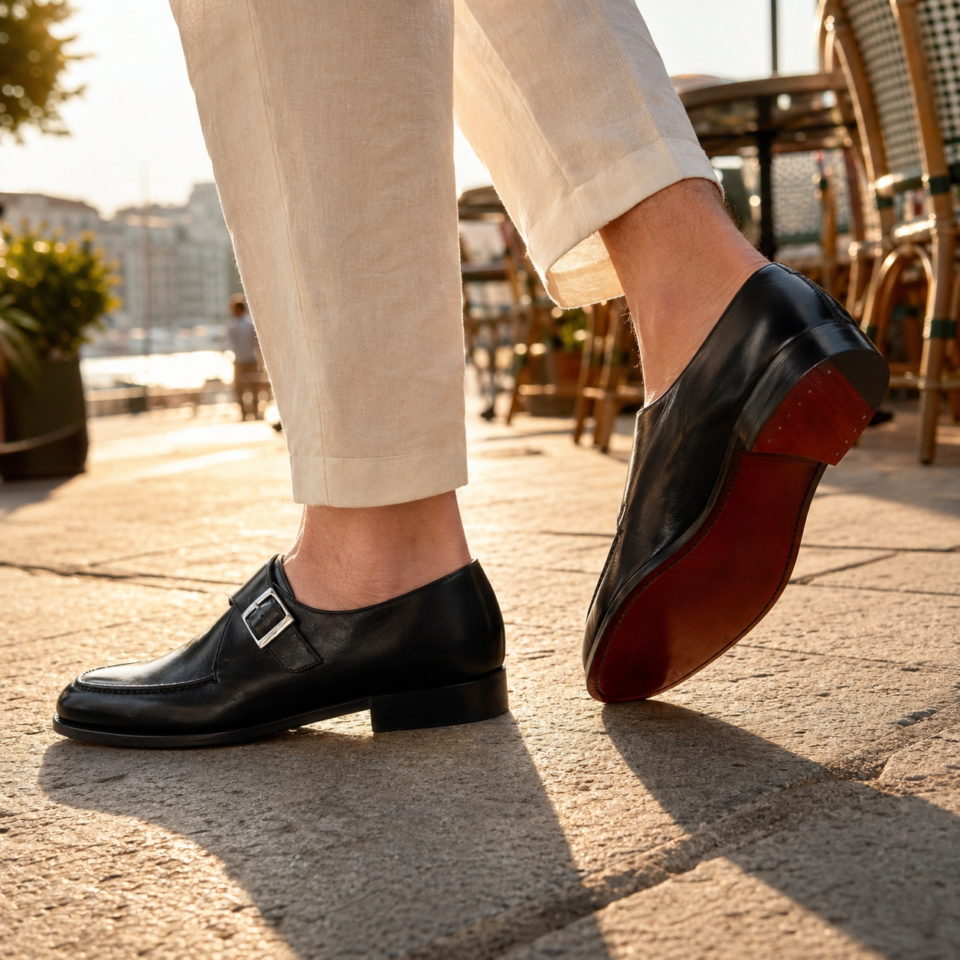 Chaussures en cuir noir sur terrasse ensoleillée