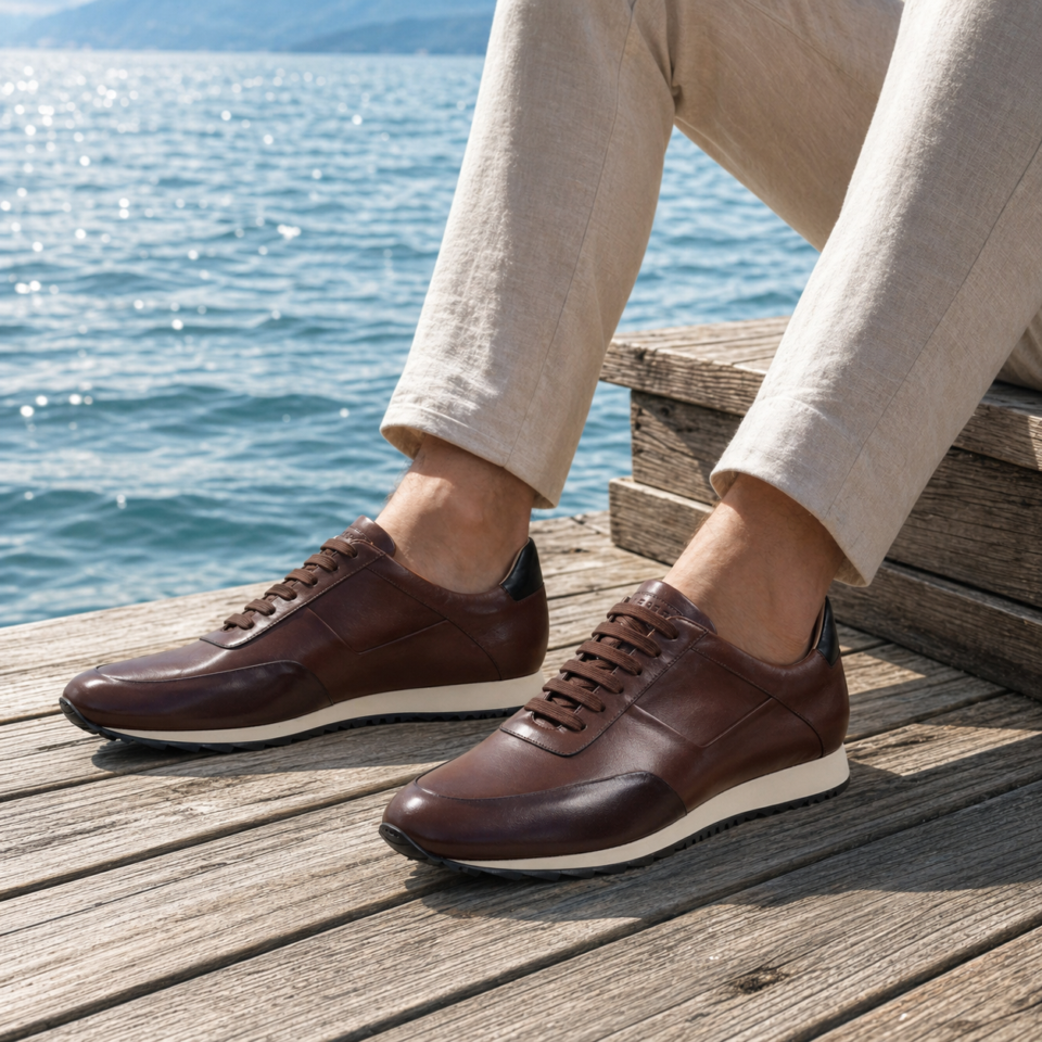 Baskets en cuir marron sur ponton en bois