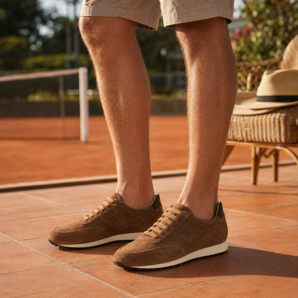 Baskets marron en daim sur court de tennis