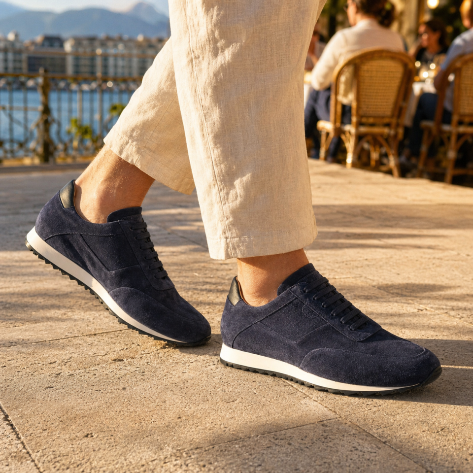 Baskets bleu marine en daim sur terrasse ensoleillée
