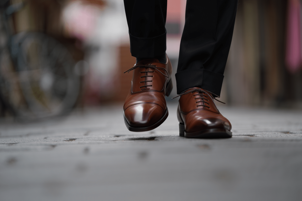 Chaussures en cuir marron sur une rue pavée.