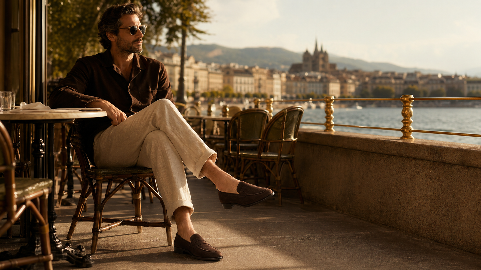 Mocassins George daim marron sur terrasse Genève au bord du lac Léman