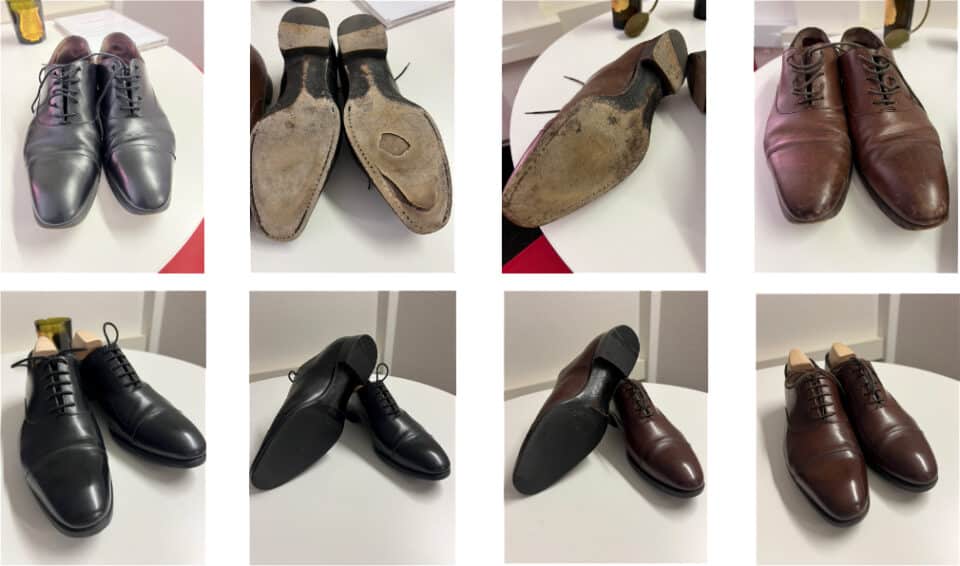 Collection de chaussures en cuir sur table blanche.