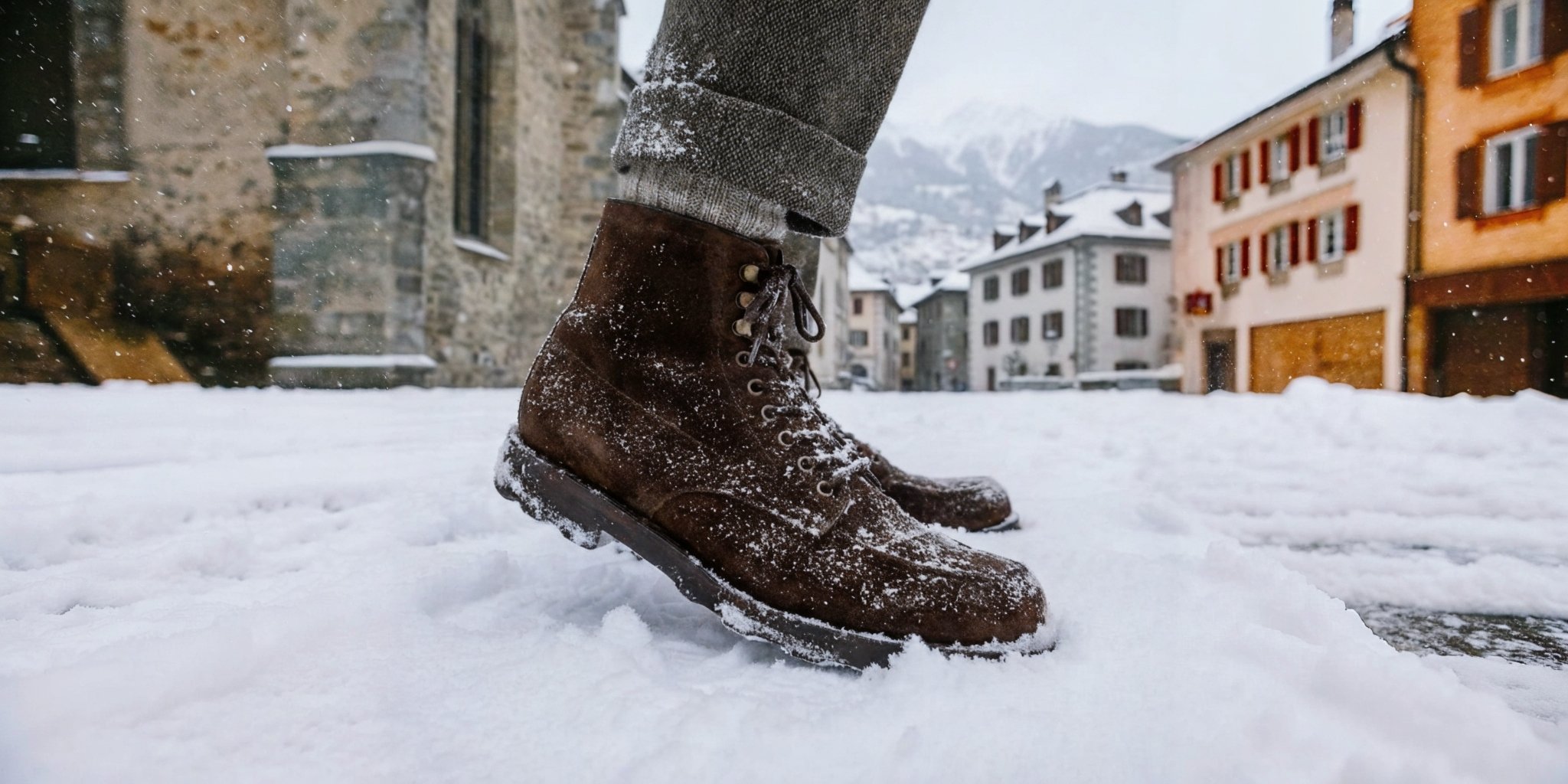 Bottes marron marchant dans la neige.