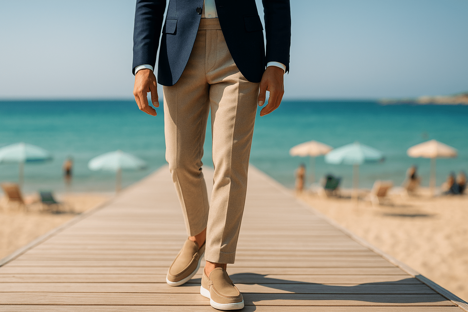 Homme en costume marchant sur la plage.